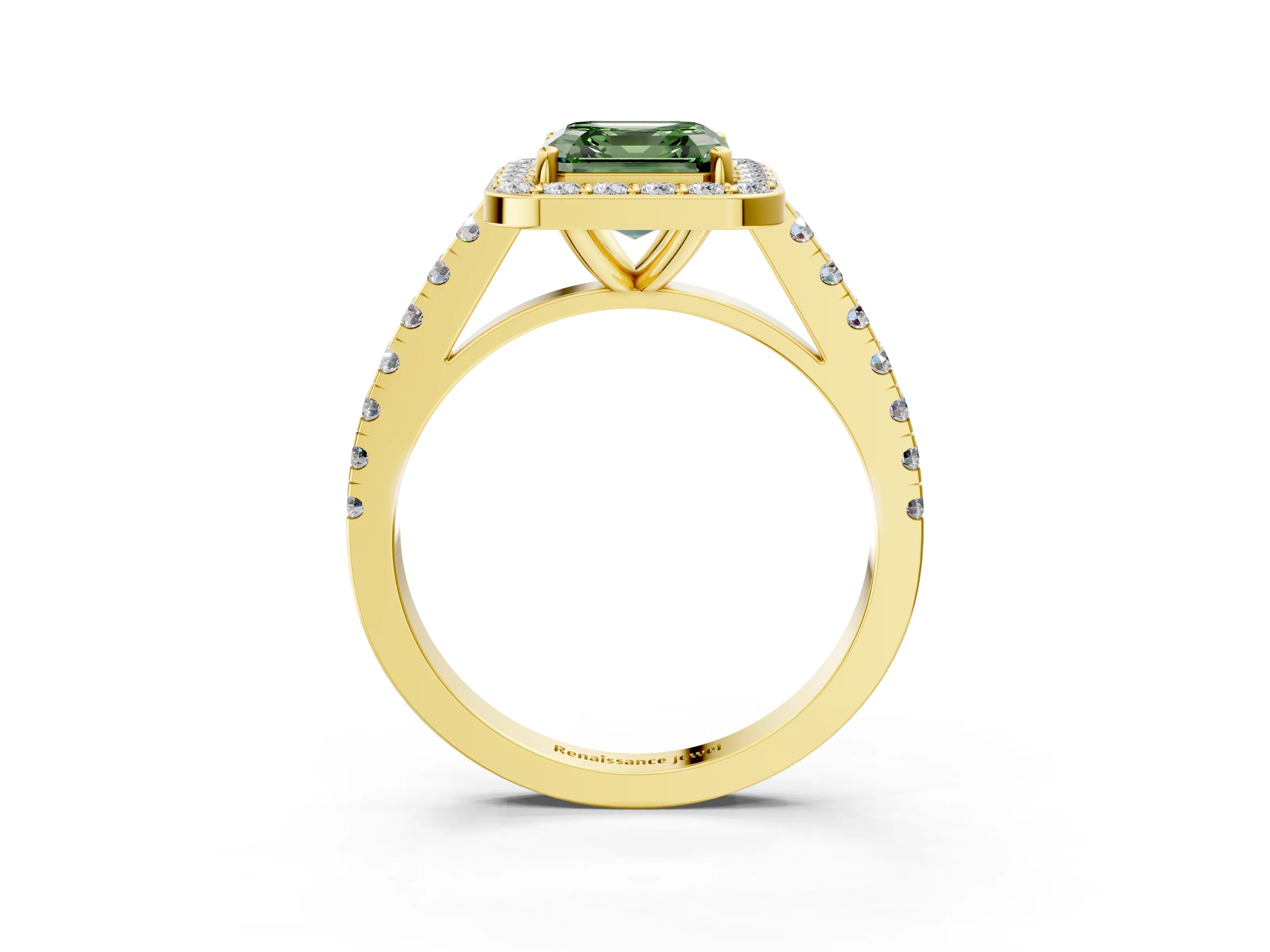 Yellow gold Fancy Green Asscher Cut Halo Diamond Ring with Pavé Band and Three-Prong Setting_3