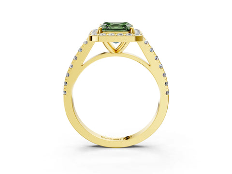 Yellow gold Fancy Green Asscher Cut Halo Diamond Ring with Pavé Band and Three-Prong Setting_3