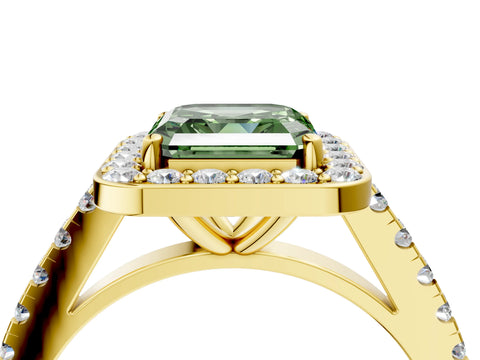 Yellow gold Fancy Green Asscher Cut Halo Diamond Ring with Pavé Band and Three-Prong Setting_4