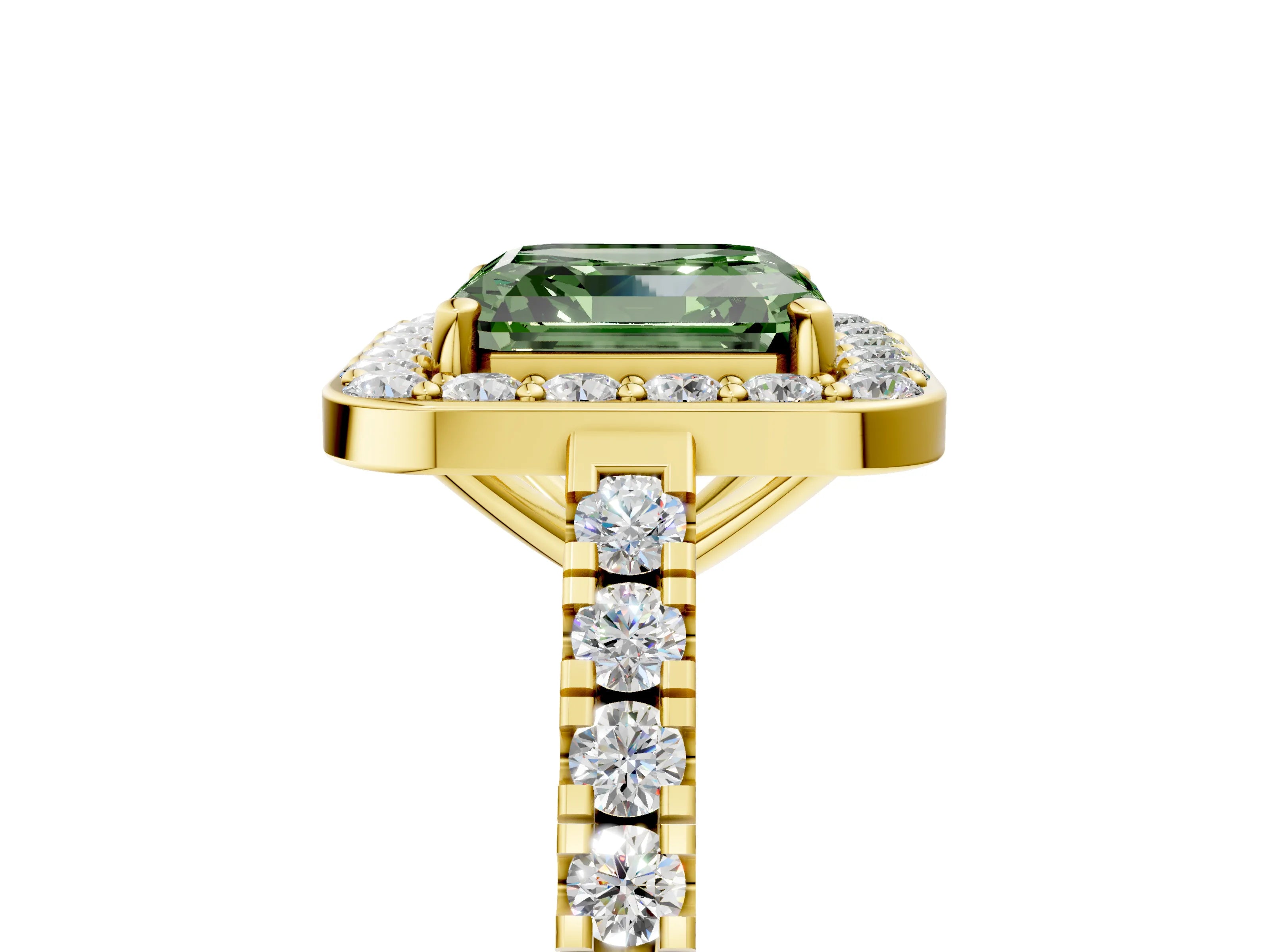 Yellow gold Fancy Green Asscher Cut Halo Diamond Ring with Pavé Band and Three-Prong Setting_5