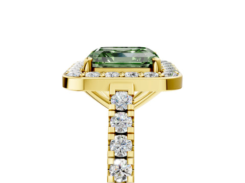 Yellow gold Fancy Green Asscher Cut Halo Diamond Ring with Pavé Band and Three-Prong Setting_5