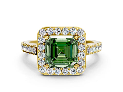 Yellow gold Fancy Green Asscher Cut Halo Diamond Ring with Pavé Band and Three-Prong Setting