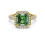 Yellow gold Fancy Green Asscher Cut Halo Diamond Ring with Pavé Band