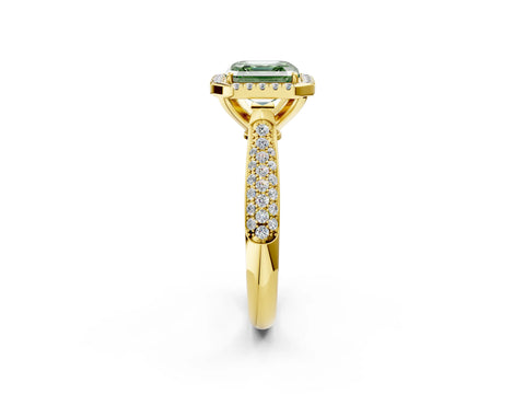 Yellow gold Fancy Green Asscher Cut Halo Diamond Ring with Pavé Band_2