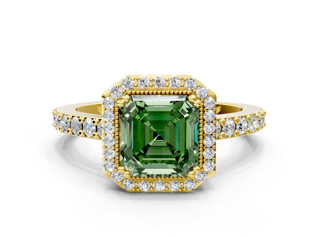 Yellow gold Fancy Green Asscher  Cut Halo Diamond Ring with Pave Band and Four-Prong Setting_17