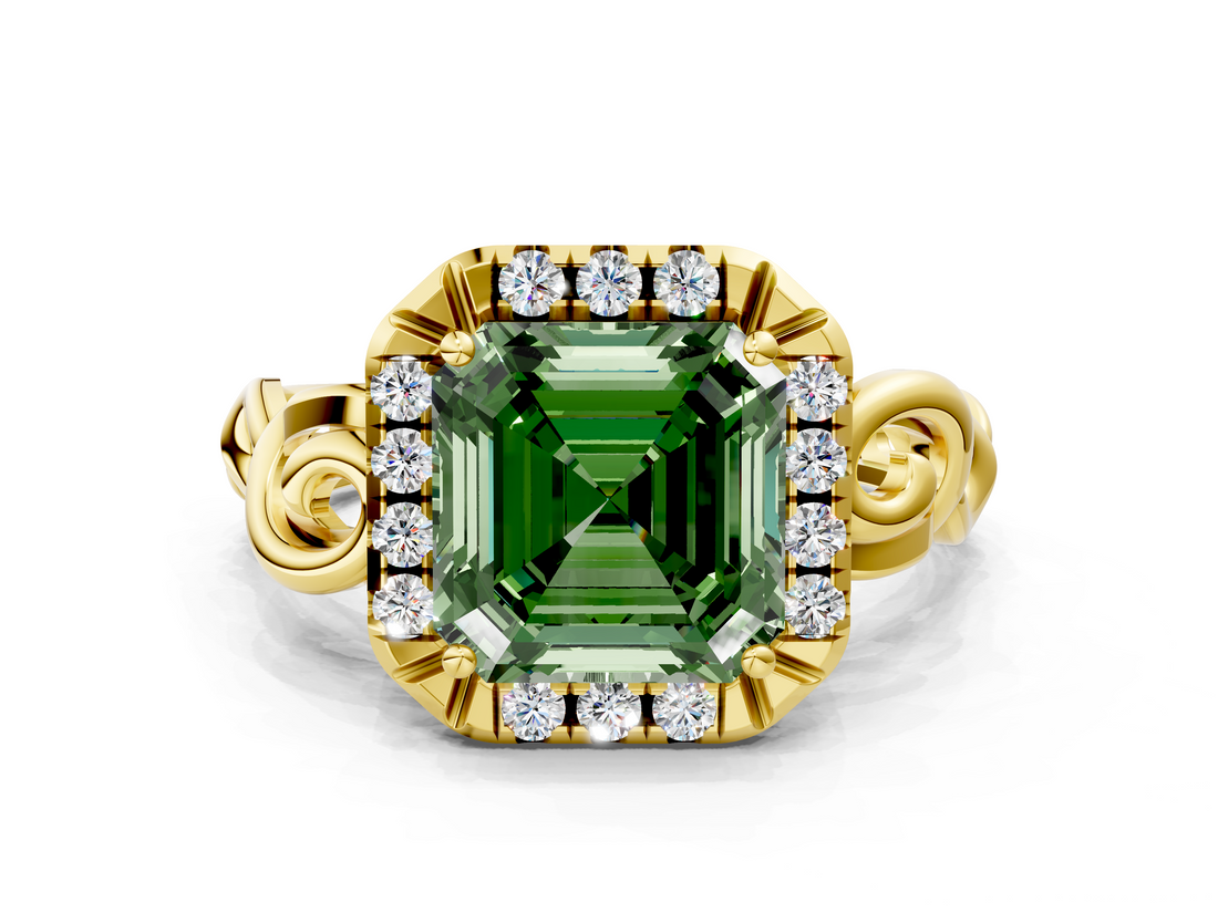 Yellow gold Fancy Green Asscher  Cut Halo Diamond Ring with Scrollwork Band and Four-Prong Setting