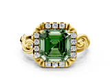 Yellow gold Fancy Green Asscher  Cut Halo Diamond Ring with Scrollwork Band and Four-Prong Setting