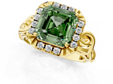 Yellow gold Fancy Green Asscher  Cut Halo Diamond Ring with Scrollwork Band and Four-Prong Setting_1