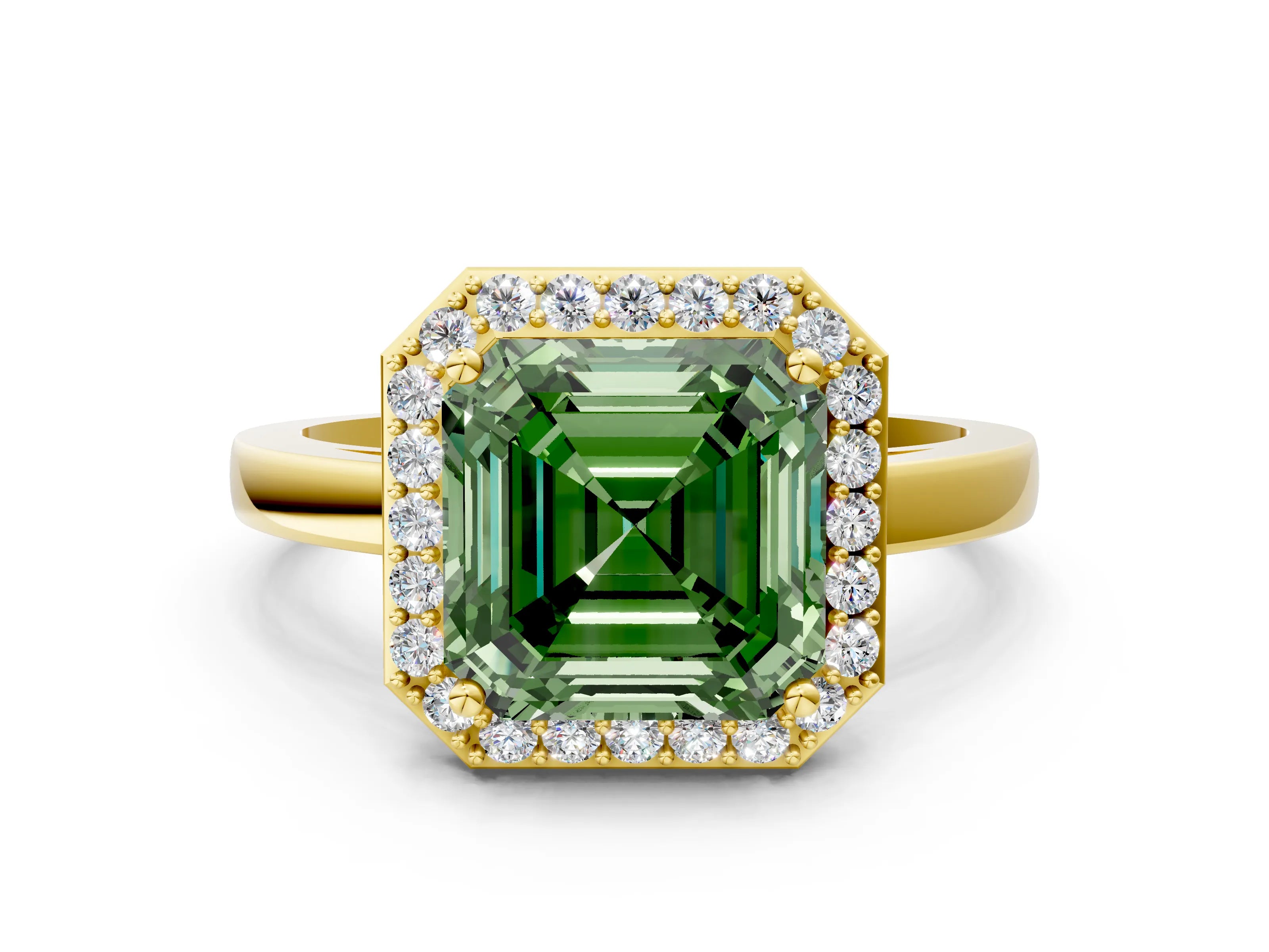 Yellow gold Fancy Green Asscher Cut Halo Diamond Ring with Solitaire Band and Prong Setting