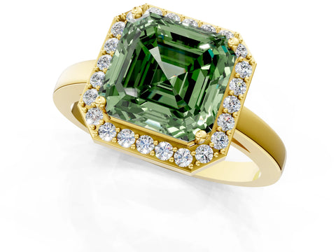 Yellow gold Fancy Green Asscher Cut Halo Diamond Ring with Solitaire Band and Prong Setting_1