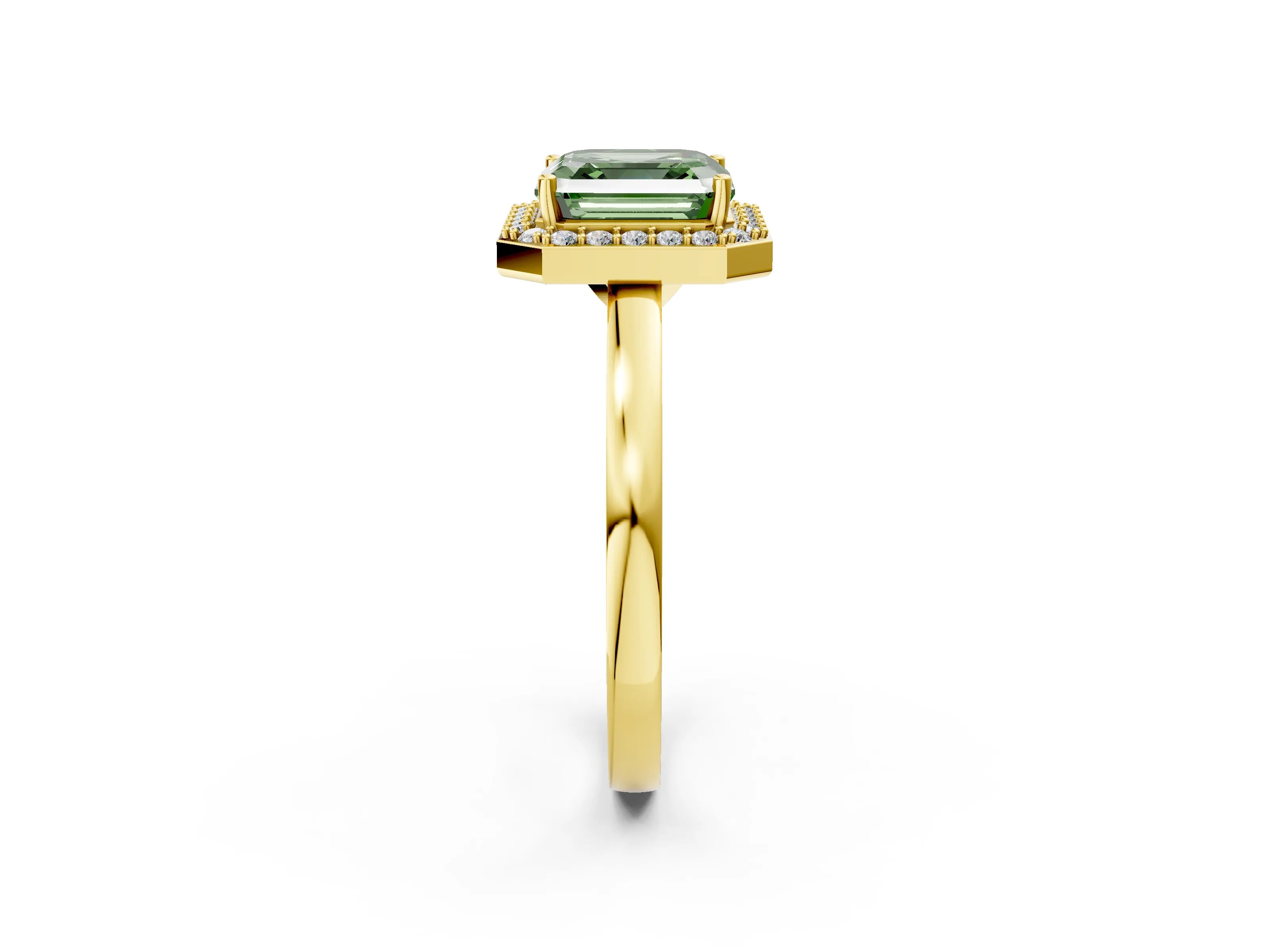 Yellow gold Fancy Green Asscher Cut Halo Diamond Ring with Solitaire Band and Prong Setting_2