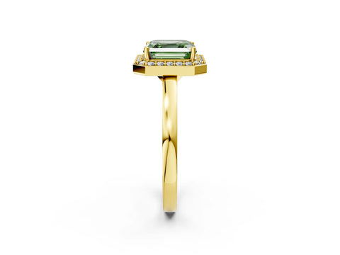 Yellow gold Fancy Green Asscher Cut Halo Diamond Ring with Solitaire Band and Prong Setting_2