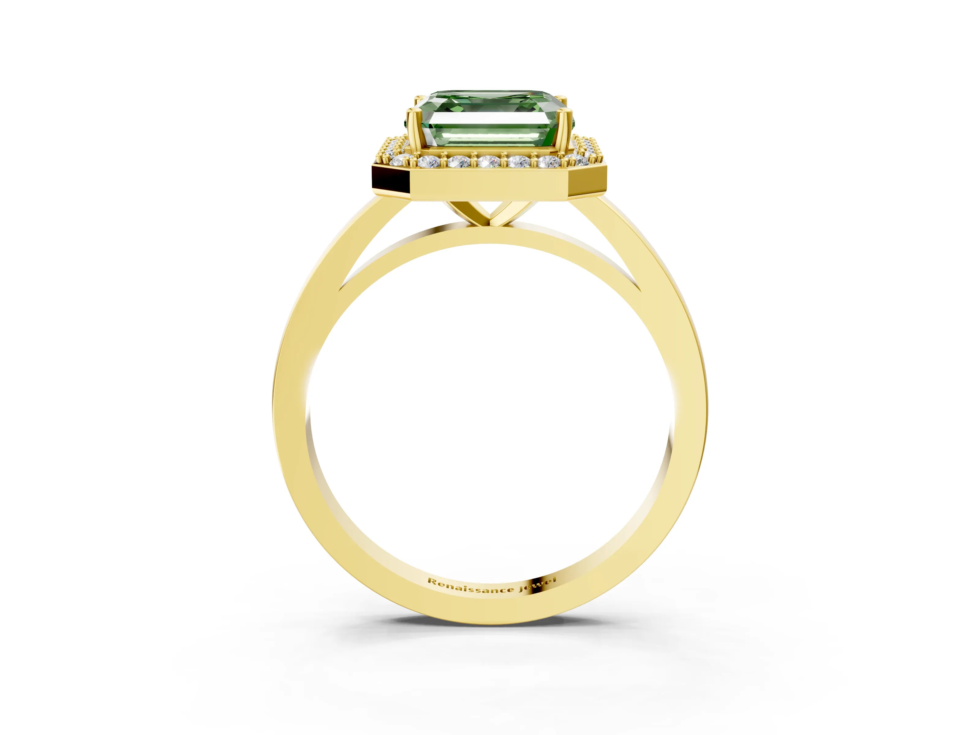 Yellow gold Fancy Green Asscher Cut Halo Diamond Ring with Solitaire Band and Prong Setting_3