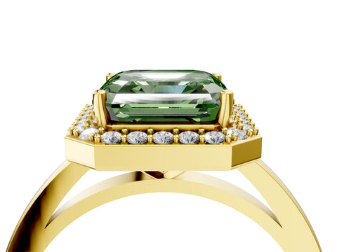 Yellow gold Fancy Green Asscher Cut Halo Diamond Ring with Solitaire Band and Prong Setting_4