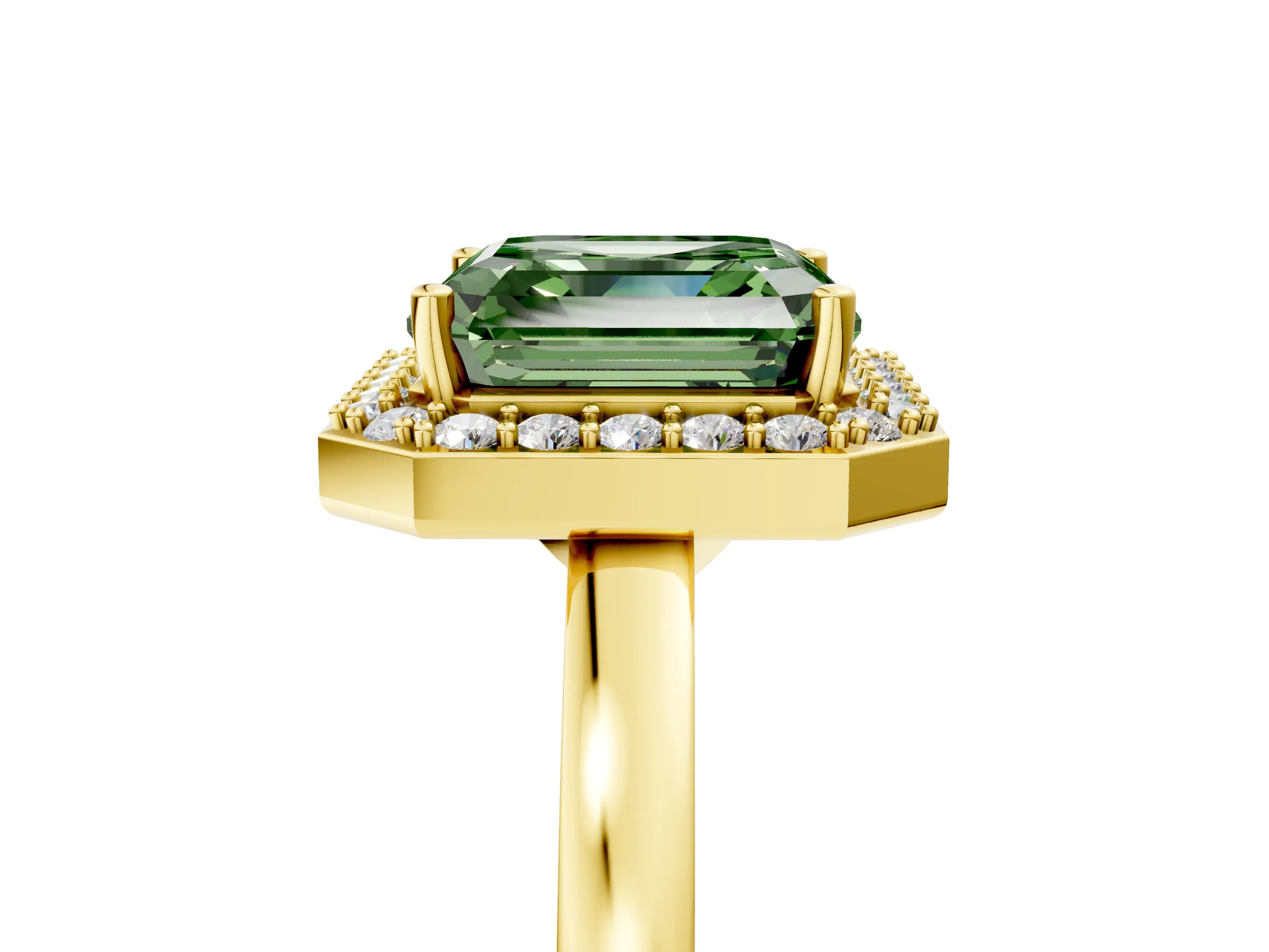 Yellow gold Fancy Green Asscher Cut Halo Diamond Ring with Solitaire Band and Prong Setting_5