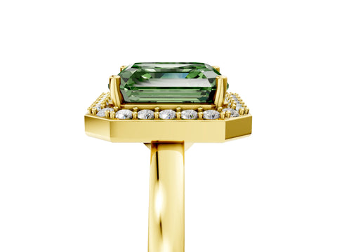 Yellow gold Fancy Green Asscher Cut Halo Diamond Ring with Solitaire Band and Prong Setting_5