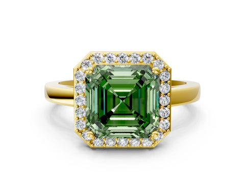 Yellow gold Fancy Green Asscher Cut Halo Diamond Ring with Solitaire Band and Prong Setting