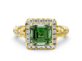Yellow gold Fancy Green Asscher Cut Halo Diamond Solitaire with Filigree Band and Four-Prong Setting