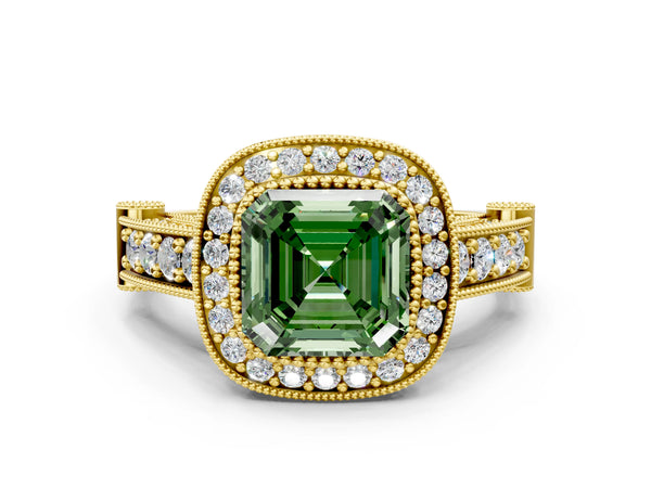 Yellow Gold Asscher Cut Vintage Bezel Halo Engagement Ring Setting for Fancy Green Center