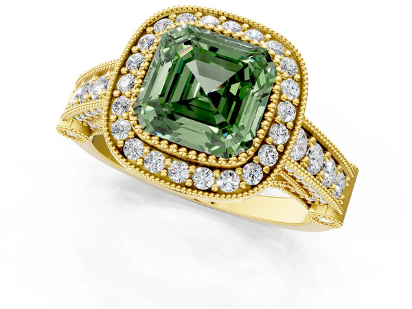 Yellow Gold Asscher Cut Vintage Bezel Halo Engagement Ring Setting for Fancy Green Center