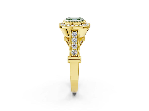 Yellow Gold Asscher Cut Vintage Bezel Halo Engagement Ring Setting for Fancy Green Center