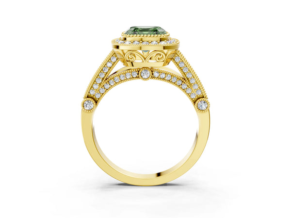 Yellow Gold Asscher Cut Vintage Bezel Halo Engagement Ring Setting for Fancy Green Center
