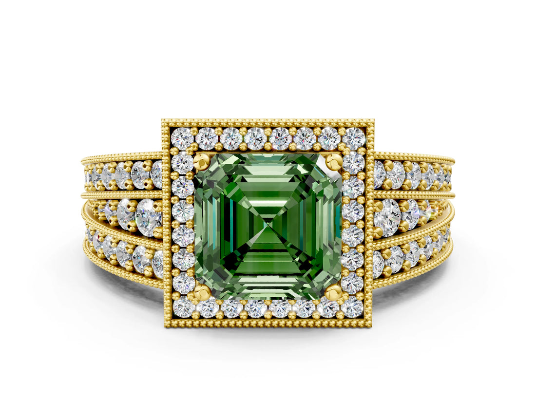 Yellow gold Fancy Green Asscher Cut Halo Diamond Split Shank Ring with Prong Setting