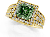 Yellow gold Fancy Green Asscher Cut Halo Diamond Split Shank Ring with Prong Setting_1