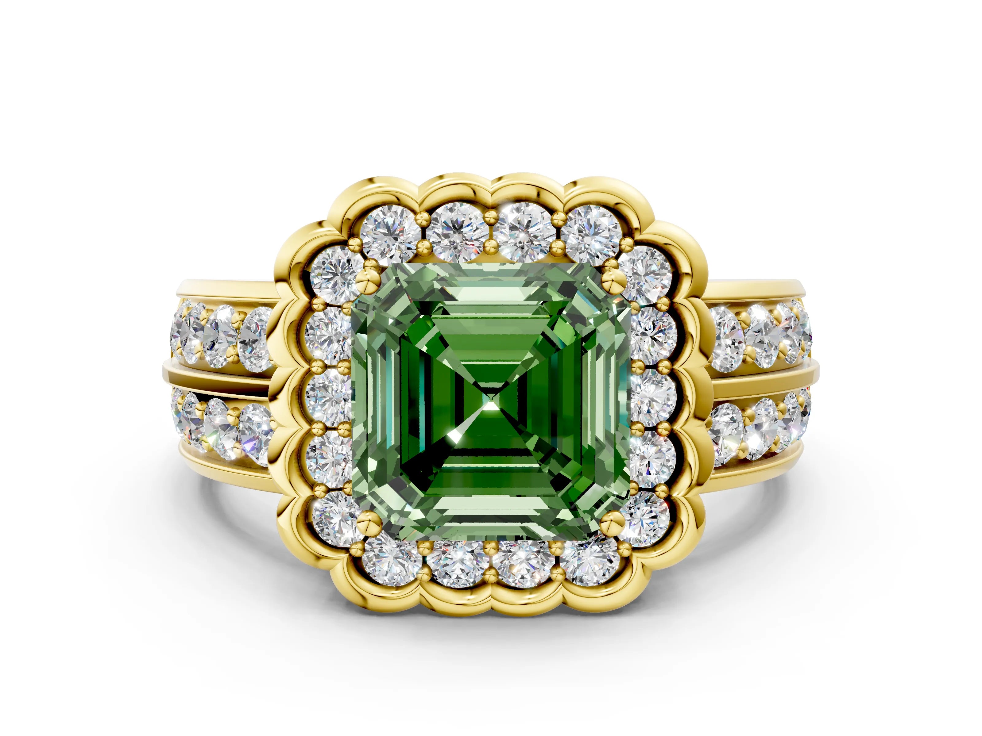 Yellow gold Fancy Green Asscher Cut Halo Diamond Split Shank Ring with Scalloped Prong Setting