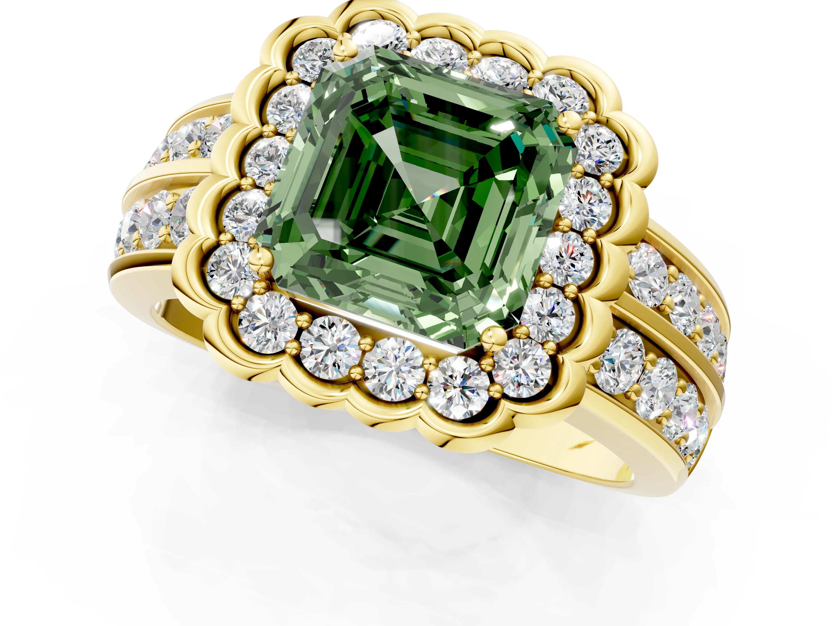 Yellow gold Fancy Green Asscher Cut Halo Diamond Split Shank Ring with Scalloped Prong Setting_1