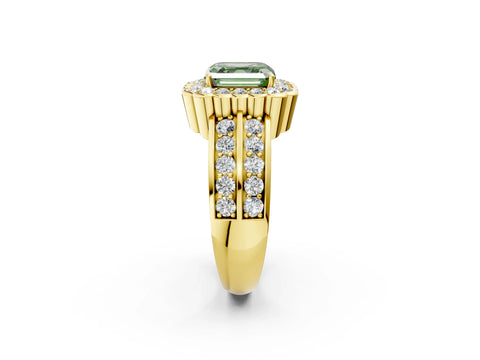 Yellow gold Fancy Green Asscher Cut Halo Diamond Split Shank Ring with Scalloped Prong Setting_2