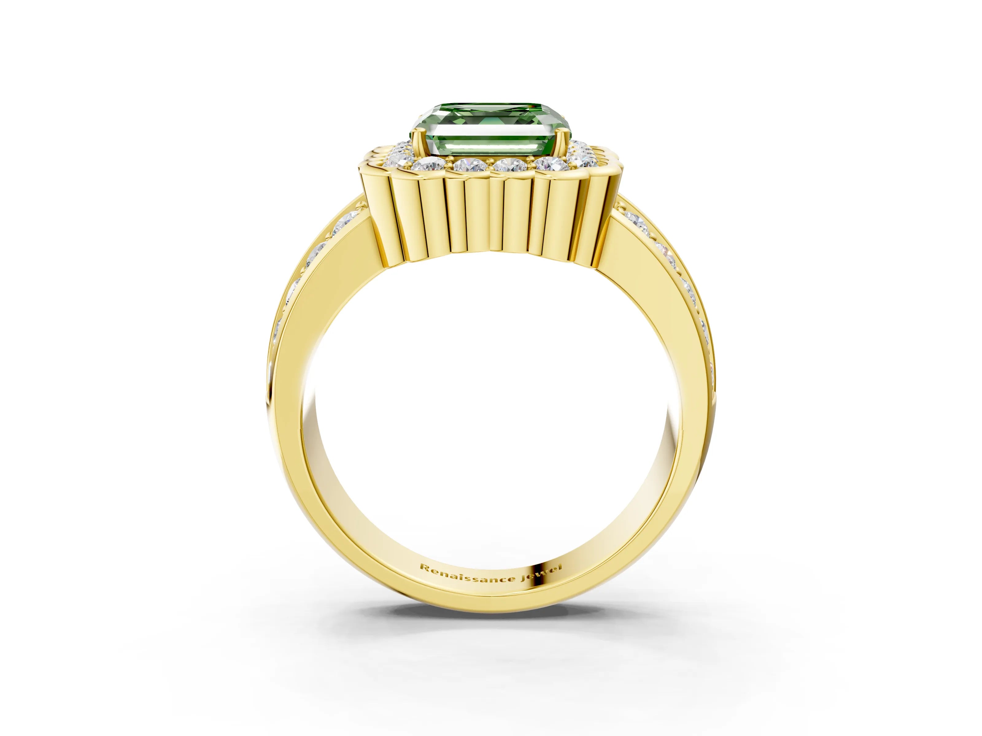 Yellow gold Fancy Green Asscher Cut Halo Diamond Split Shank Ring with Scalloped Prong Setting_3