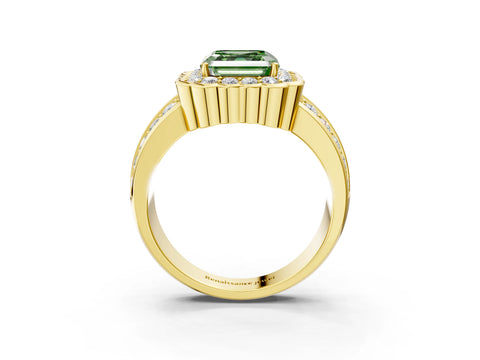 Yellow gold Fancy Green Asscher Cut Halo Diamond Split Shank Ring with Scalloped Prong Setting_3