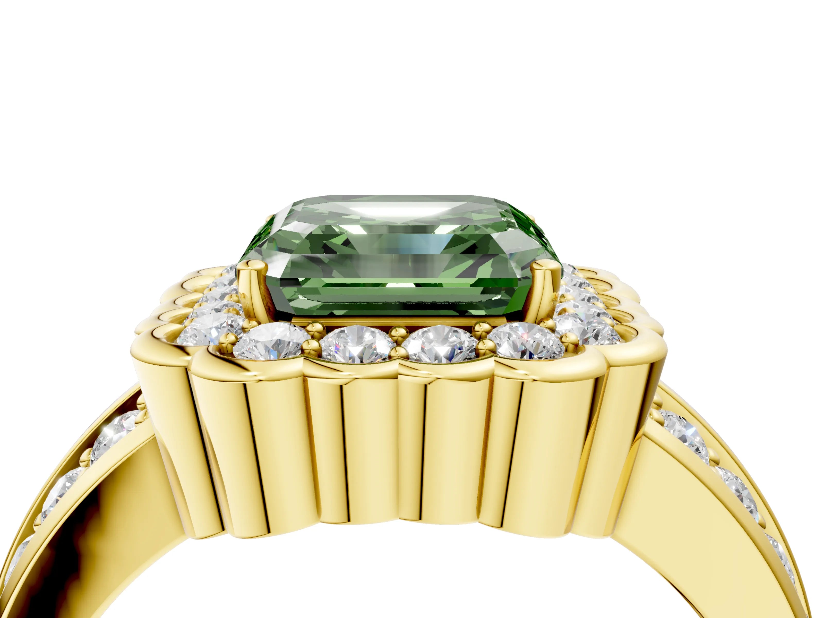 Yellow gold Fancy Green Asscher Cut Halo Diamond Split Shank Ring with Scalloped Prong Setting_4