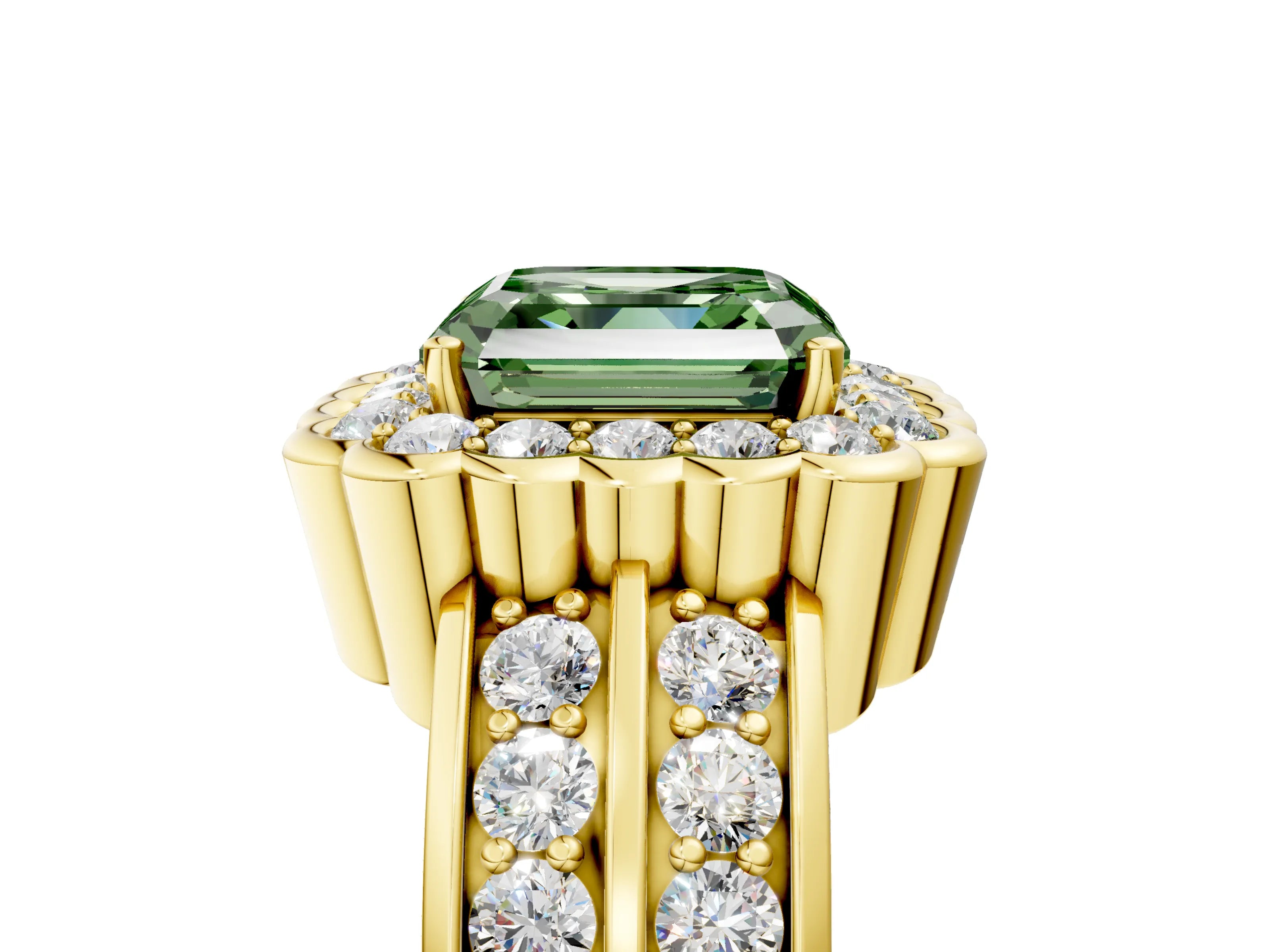 Yellow gold Fancy Green Asscher Cut Halo Diamond Split Shank Ring with Scalloped Prong Setting_5