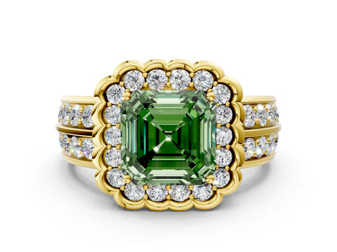 Yellow gold Fancy Green Asscher Cut Halo Diamond Split Shank Ring with Scalloped Prong Setting