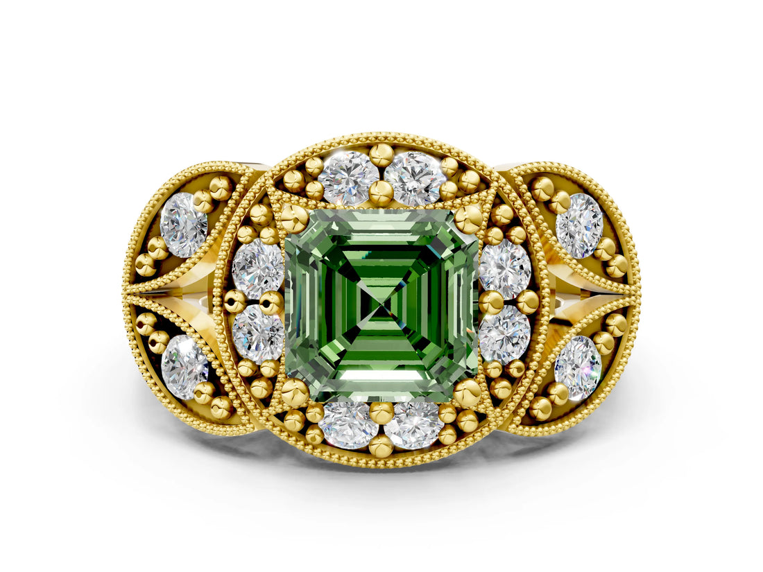 Yellow gold Fancy Green Asscher Cut Halo Milgrain Diamond Engagement Ring with Leaf Band and Four-Prong Setting