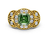Yellow gold Fancy Green Asscher Cut Halo Milgrain Diamond Engagement Ring with Leaf Band and Four-Prong Setting