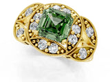 Yellow gold Fancy Green Asscher Cut Halo Milgrain Diamond Engagement Ring with Leaf Band and Four-Prong Setting_1