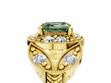 Yellow gold Fancy Green Asscher Cut Halo Milgrain Diamond Engagement Ring with Leaf Band and Four-Prong Setting_5