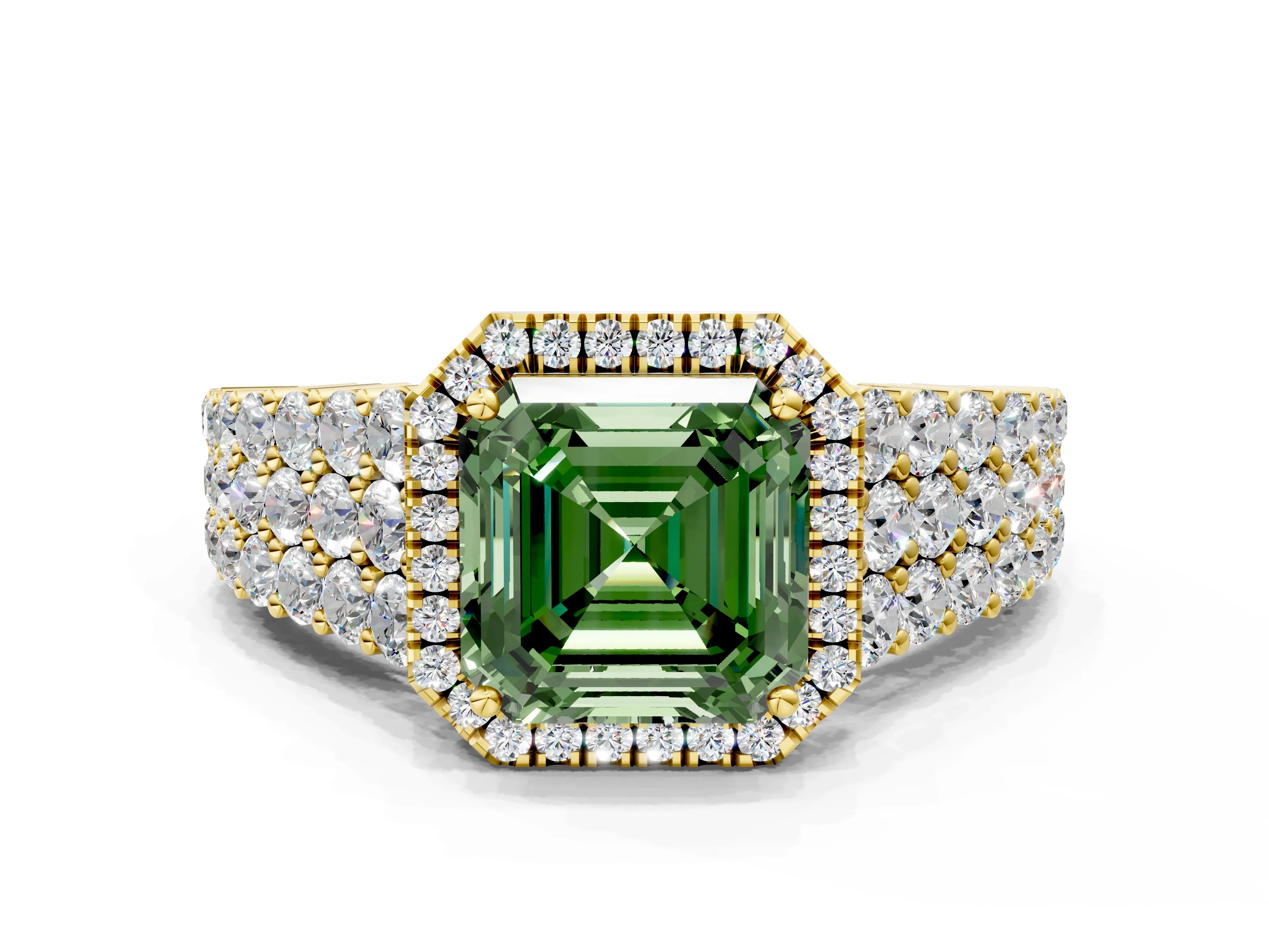 Yellow gold Fancy Green Asscher Cut Halo Pavé Diamond Engagement Ring with Split Shank and Four-Prong Setting_3