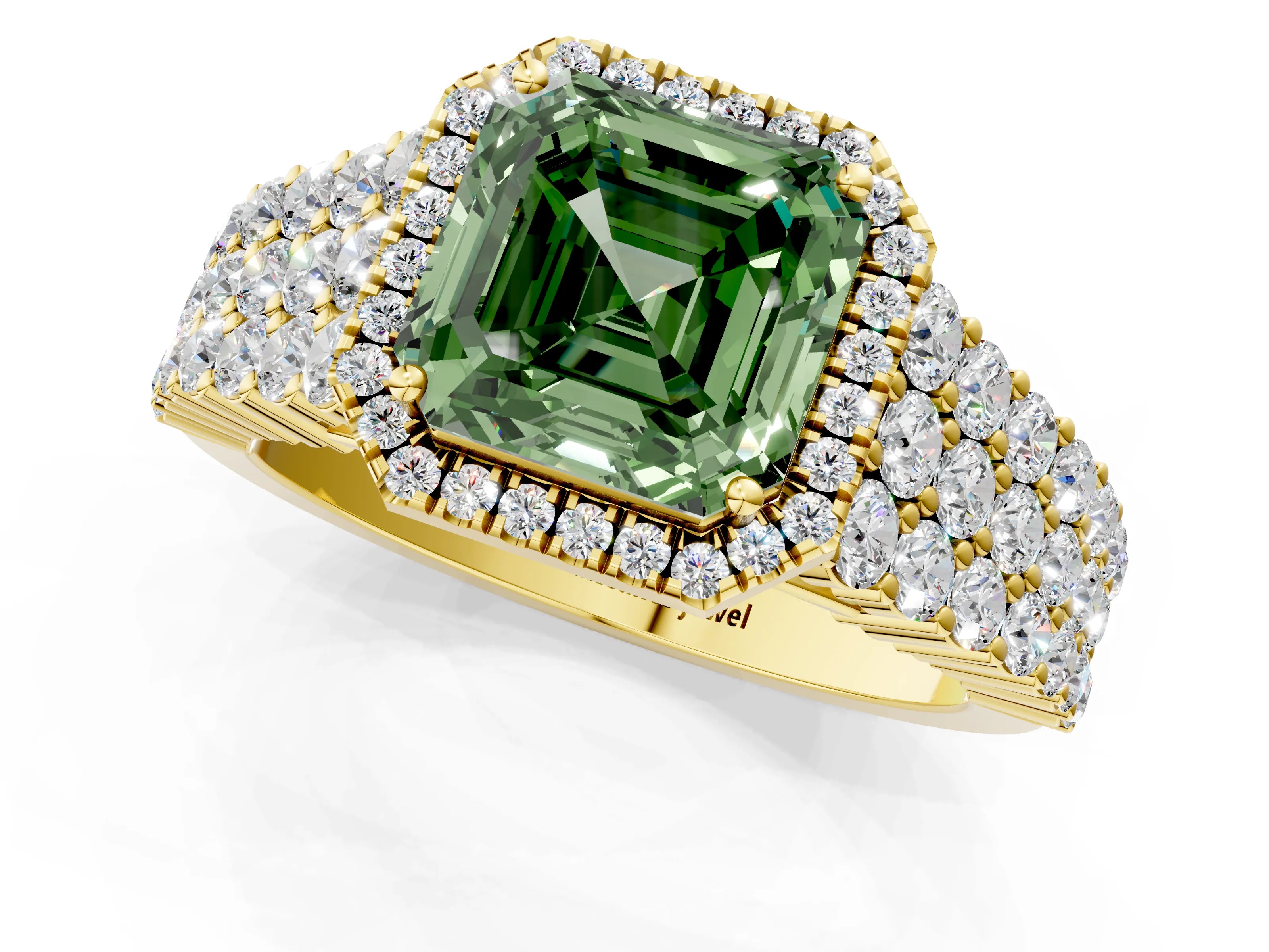 Yellow gold Fancy Green Asscher Cut Halo Pavé Diamond Engagement Ring with Split Shank and Four-Prong Setting_4