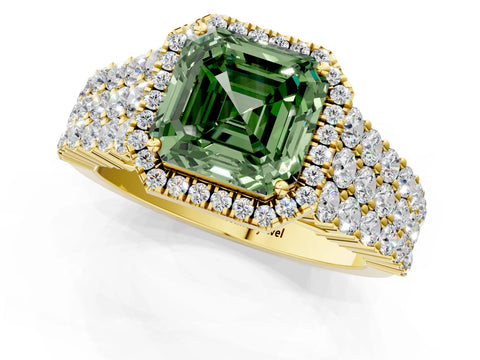 Yellow gold Fancy Green Asscher Cut Halo Pavé Diamond Engagement Ring with Split Shank and Four-Prong Setting_4