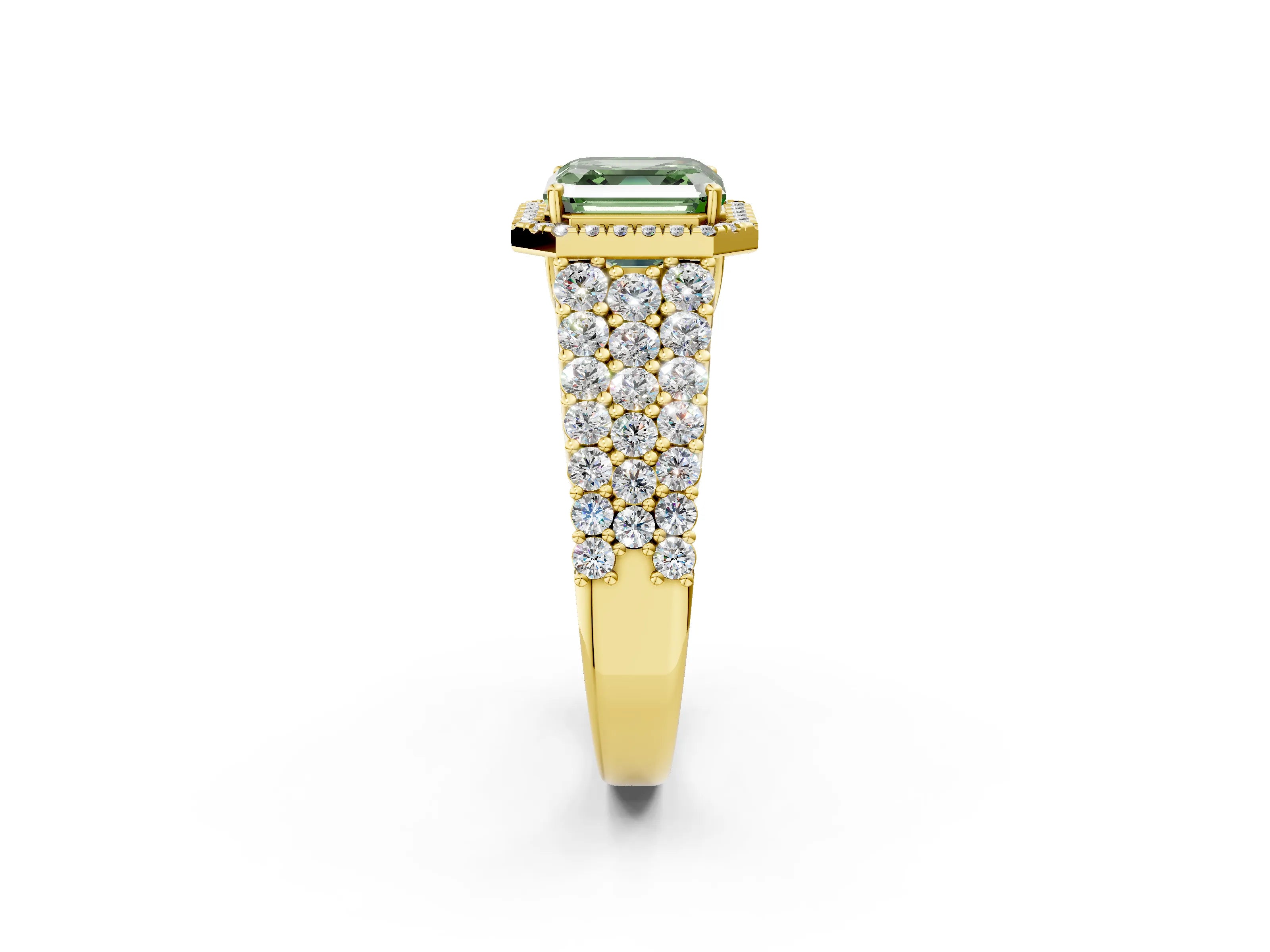 Yellow gold Fancy Green Asscher Cut Halo Pavé Diamond Engagement Ring with Split Shank and Four-Prong Setting_5