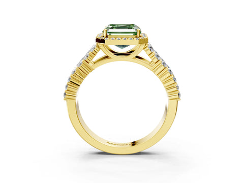 Yellow gold Fancy Green Asscher Cut Halo Pavé Diamond Engagement Ring with Split Shank and Four-Prong Setting_6