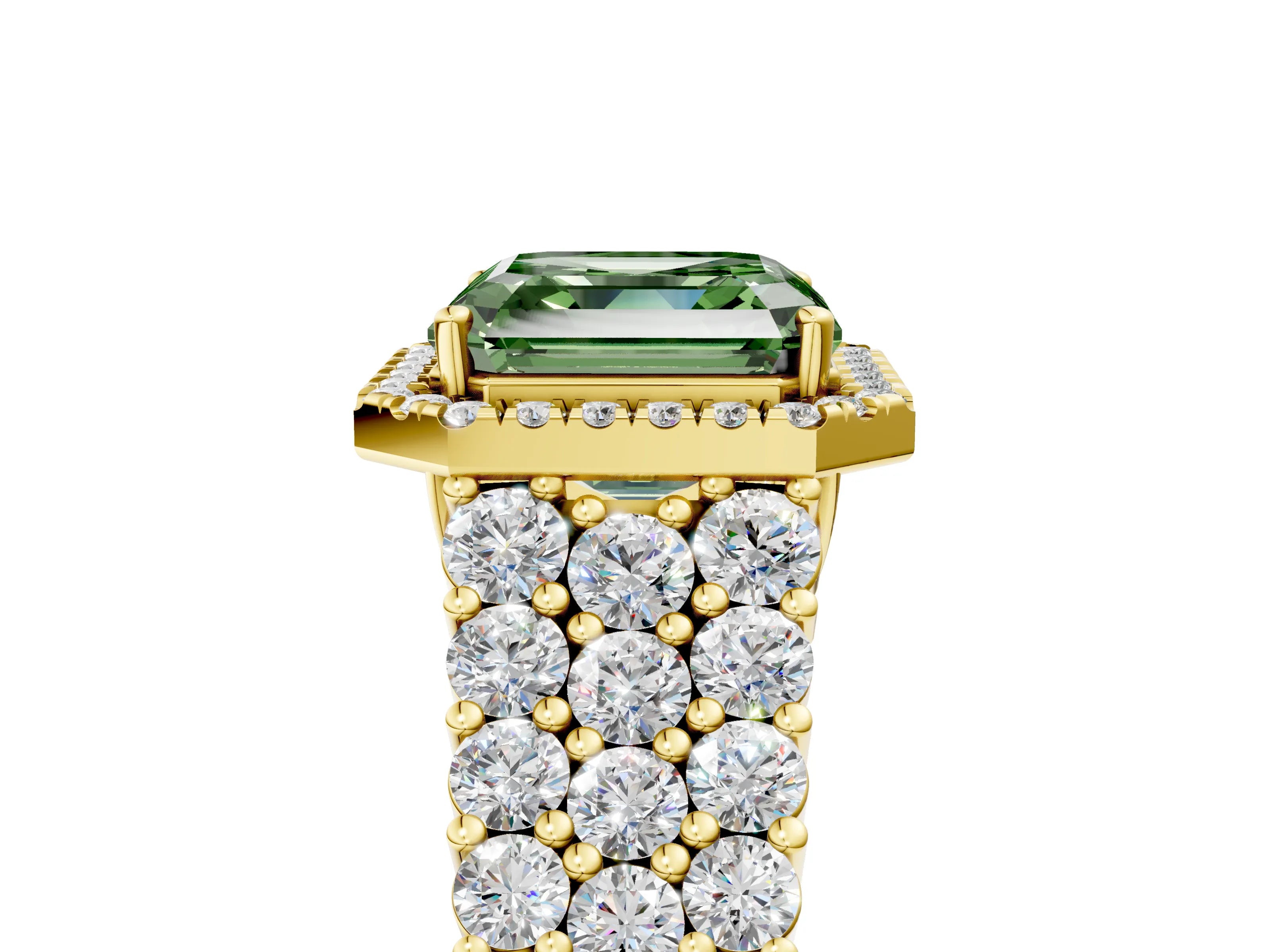 Yellow gold Fancy Green Asscher Cut Halo Pavé Diamond Engagement Ring with Split Shank and Four-Prong Setting_8