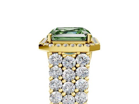 Yellow gold Fancy Green Asscher Cut Halo Pavé Diamond Engagement Ring with Split Shank and Four-Prong Setting_8