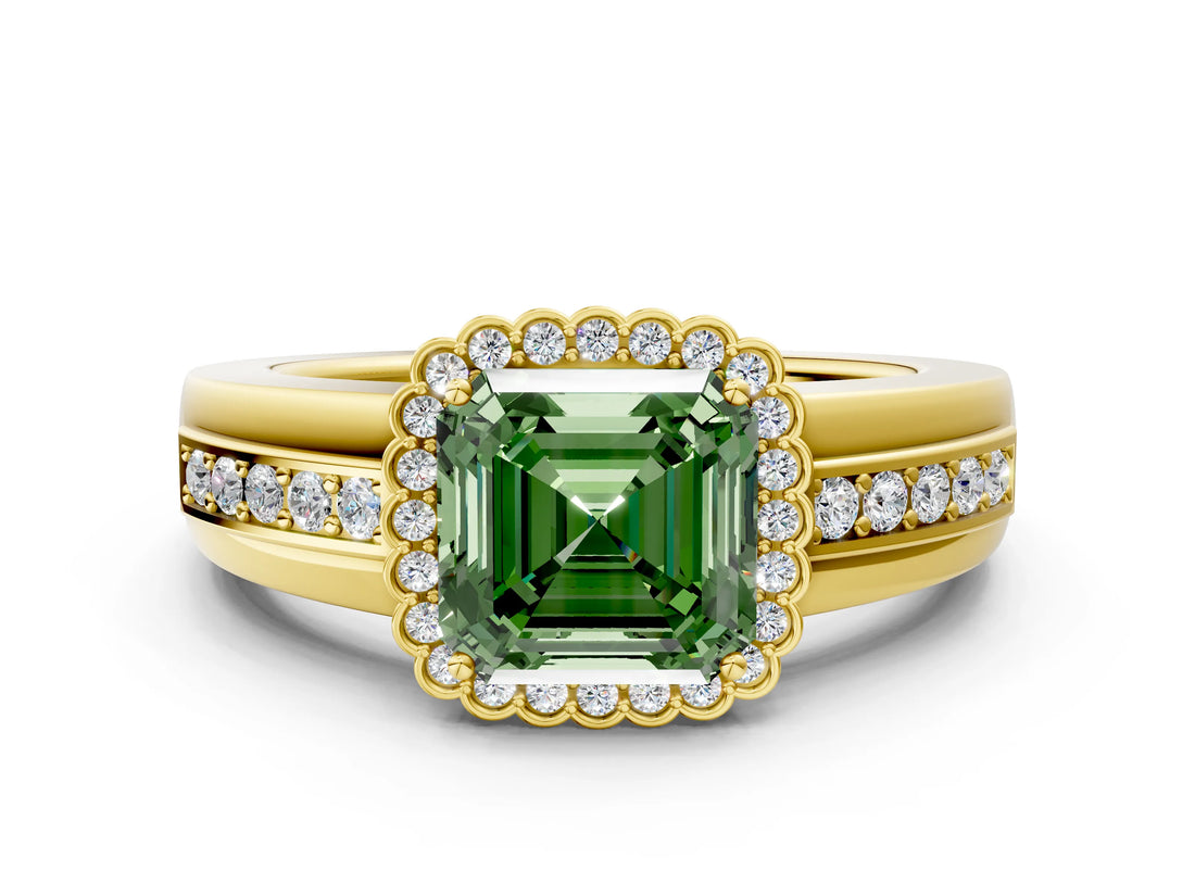 Yellow gold Fancy Green Asscher  Cut Halo Pave Band Four-Prong Ring_29