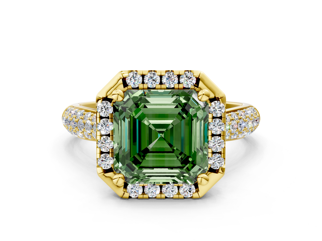 Yellow gold Fancy Green Asscher  Cut Halo Pave Band Four-Prong Setting Ring
