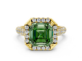 Yellow gold Fancy Green Asscher  Cut Halo Pave Band Four-Prong Setting Ring